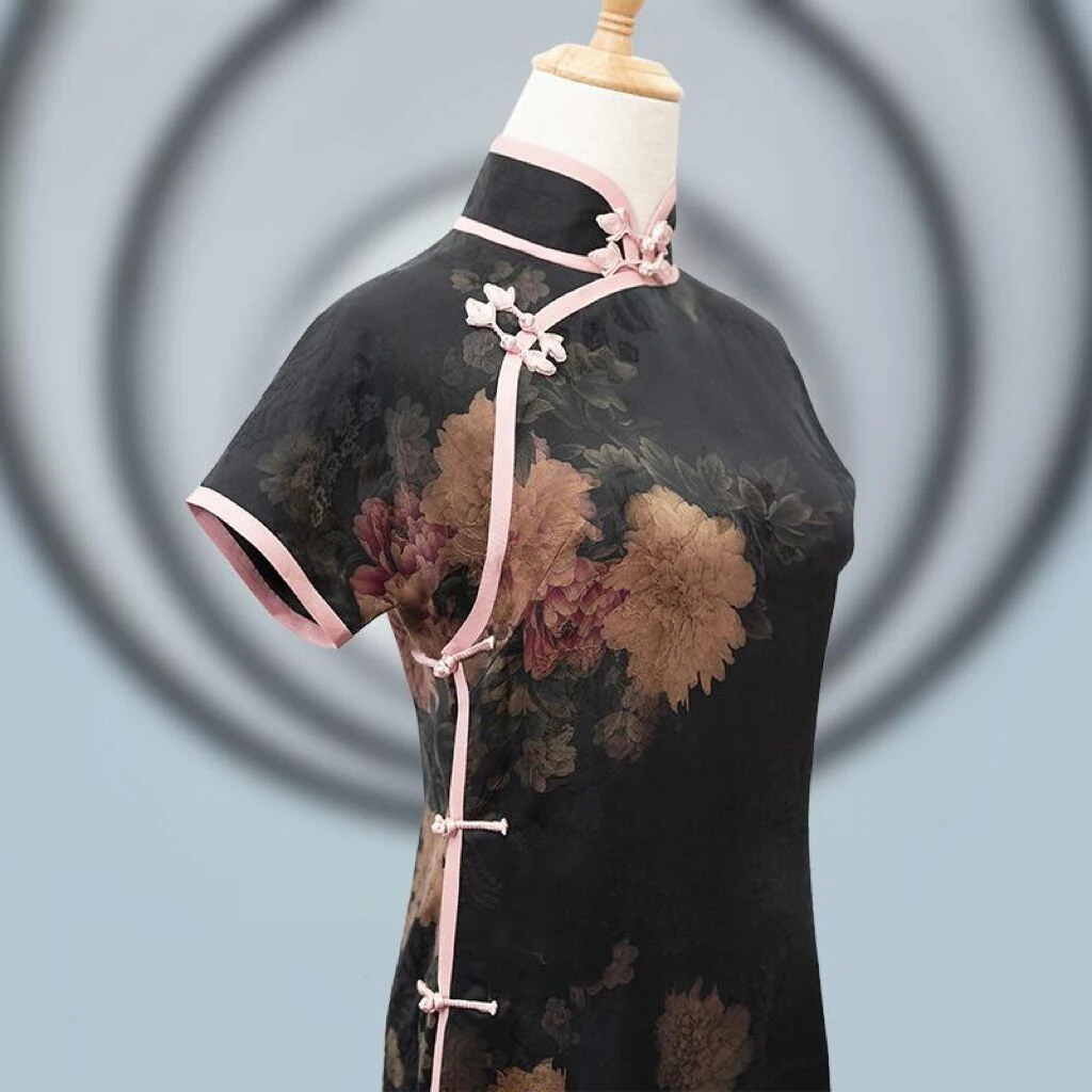 梦琼 30姆米香云纱手工平裁全开襟旗袍复古民国风古风古韵旗袍