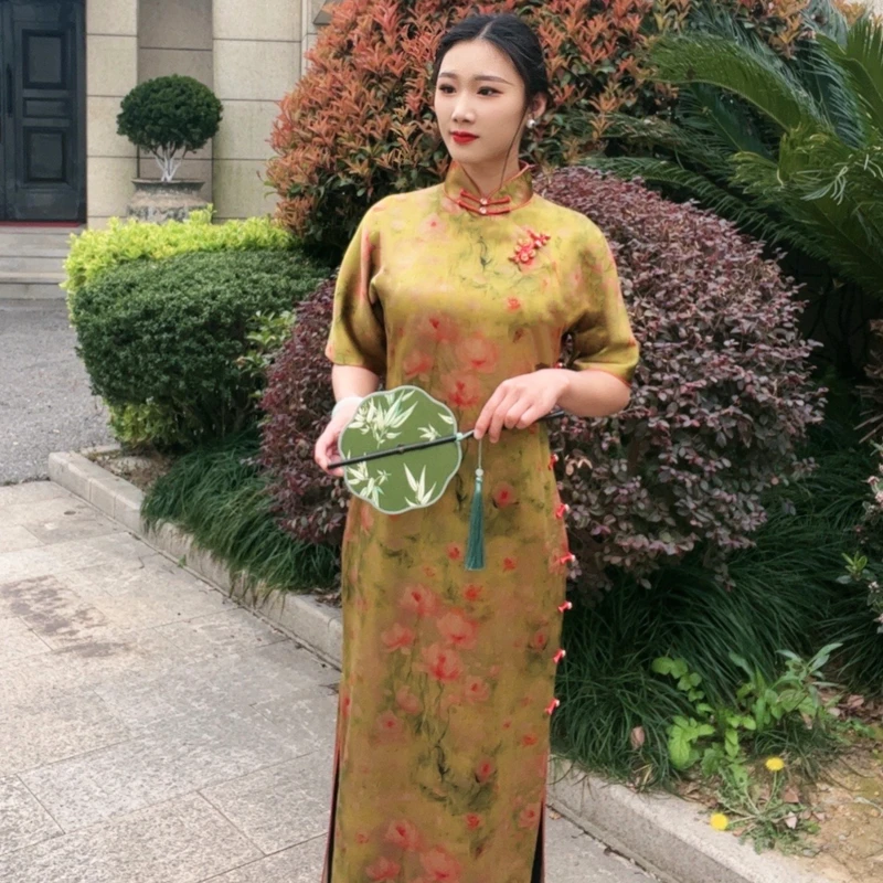 半梦香云纱50姆米皮子平裁手工高端旗袍全开襟花扣气质日常连衣裙