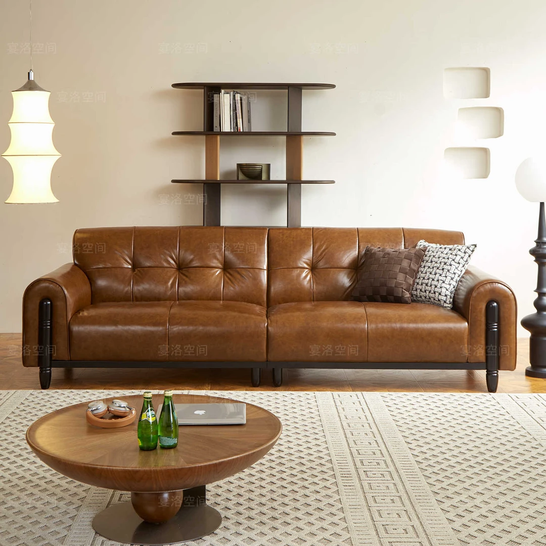 现代简约意式复古真皮沙发客厅直排北欧法式极简艺油蜡皮沙发