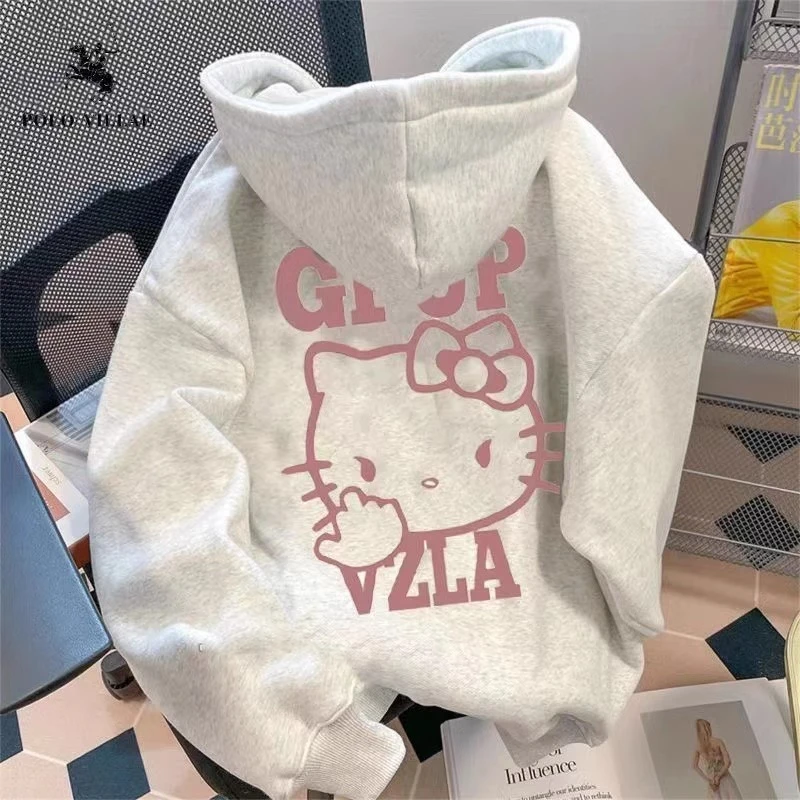 甜酷校园风hellokitty卫衣连帽女大童秋冬加绒多巴胺宽松kitty猫