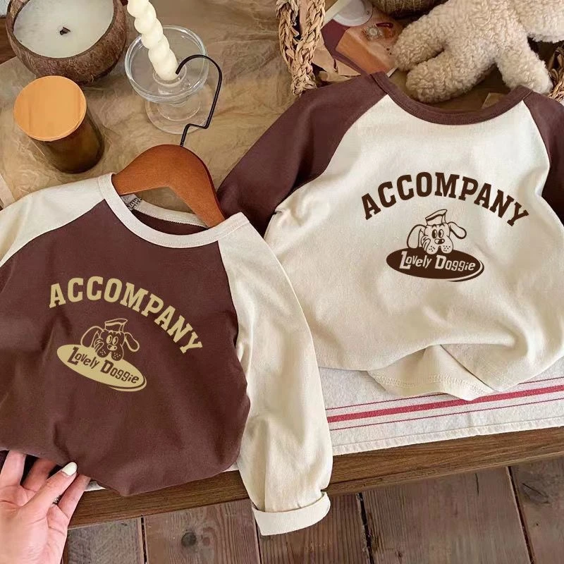 儿童纯棉长袖t恤卡通拼接2024春秋款男女童中小童洋气宝宝打底衫T