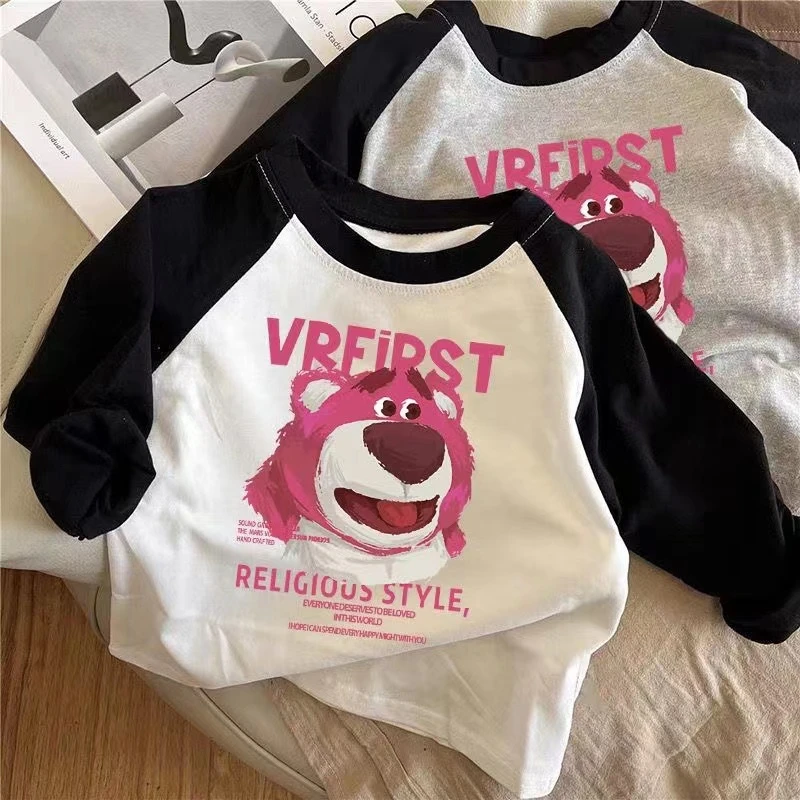 纯棉儿童t恤长袖男女童装2025卡通粉熊中小童上衣打底衫春秋百搭