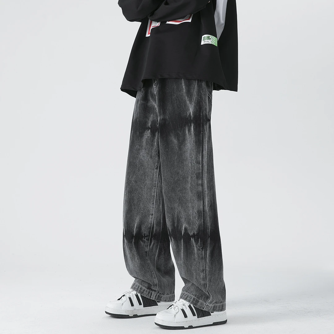 扎染黑色潮牌牛仔裤男士宽松牛仔阔腿裤春秋季美式直筒休闲长裤子