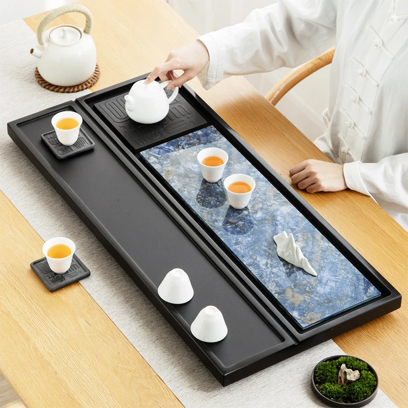 天然乌金石茶盘家用简约功夫茶具排水石头茶台奢石茶托盘茶海套装