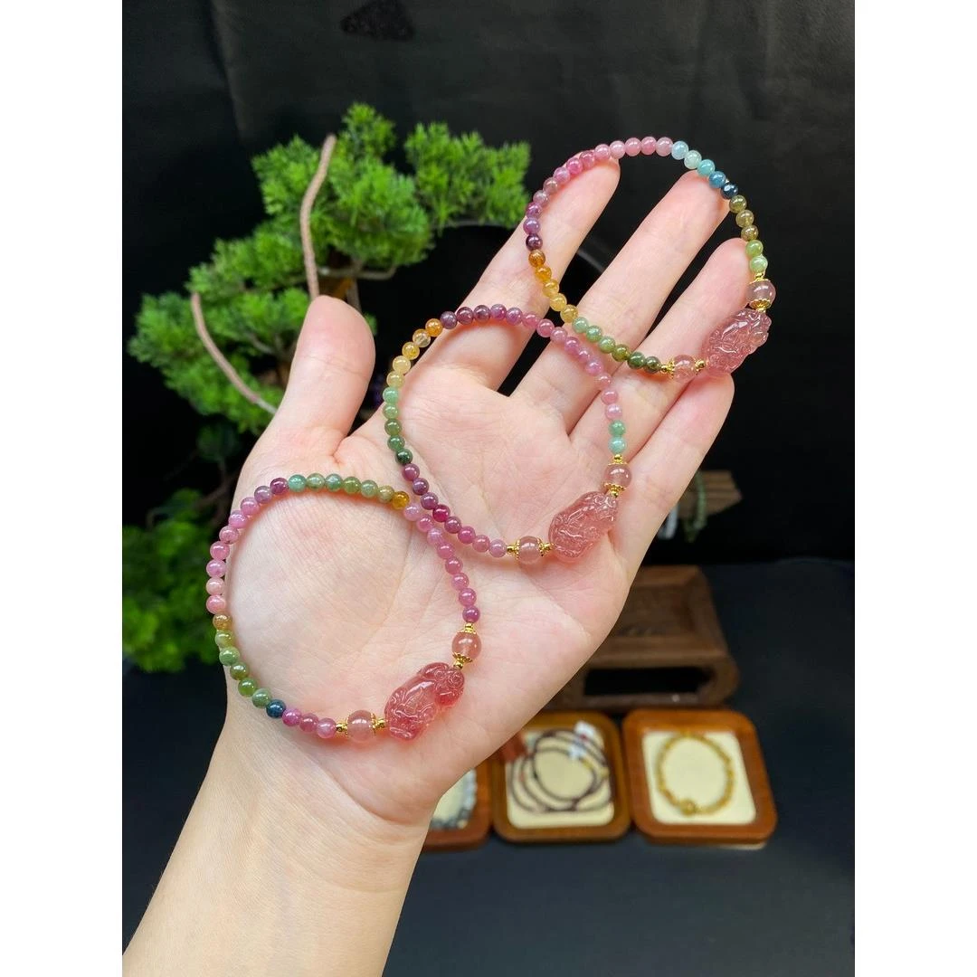 天然碧玺草莓晶貔貅粉水晶手链手串时尚彩色女款天然粉单圈渐变