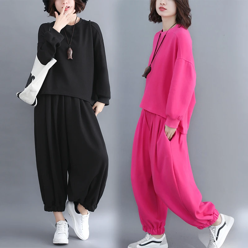 大码宽松遮肚纯色卫衣九分裤休闲两件套洋气减龄2025早秋显瘦套装