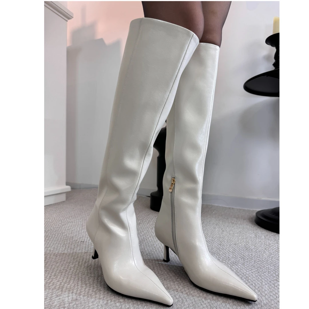 手工真皮尖头辣妹极简时尚百搭细跟长靴