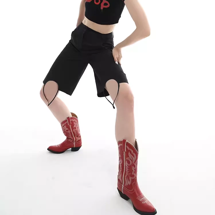 新中式tilt knees原创个性利落剪裁破洞黑色中裤五分裤直筒短裤