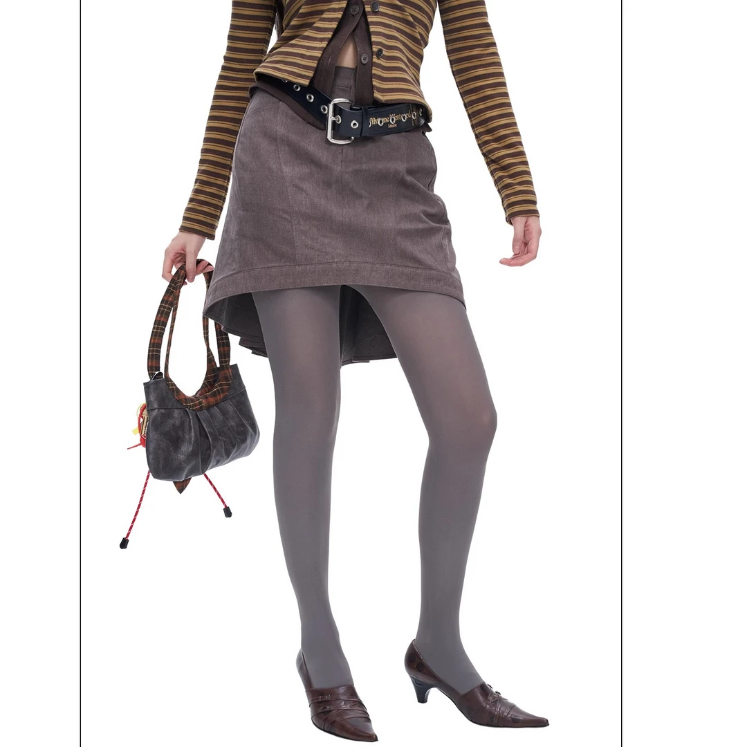 Next Passport 灰色前平后褶半裙复古不对称短裙