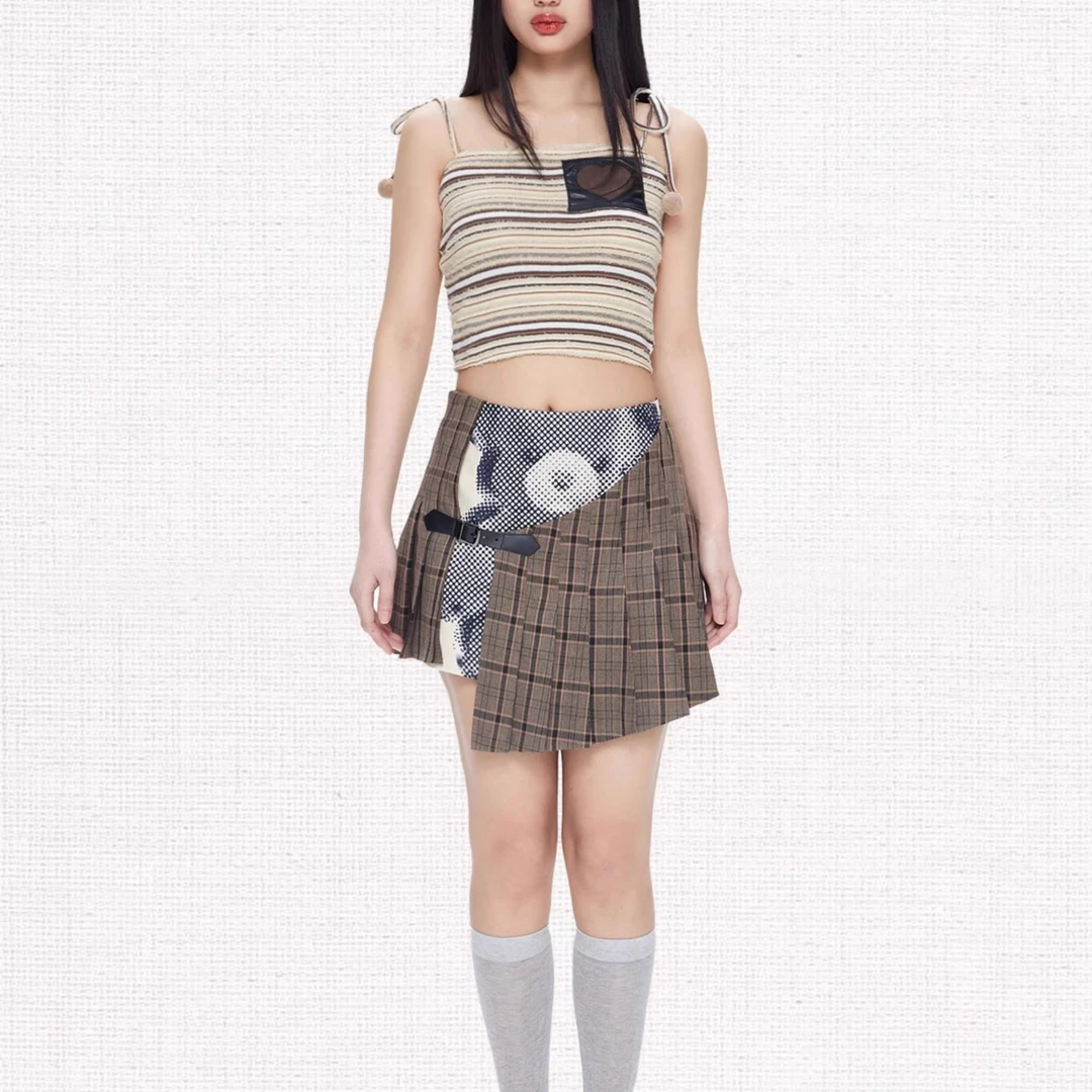 MOF礼物商店 复古辣妹前片可打开印花小熊百褶裙显瘦半身裙短裙