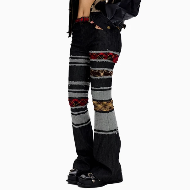 Oinkoink2024秋冬格子拼接弹力牛仔喇叭裤复古辣妹