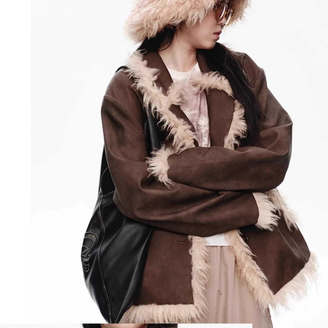 Oinkoink 原创设计毛毛边皮西装秋冬新款复古皮衣夹克宽松外套