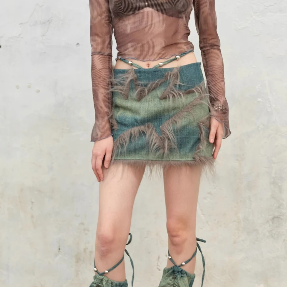 Next Passport 夏季新品牛仔拼接星星裙短裙毛毛装饰A字裙半身裙