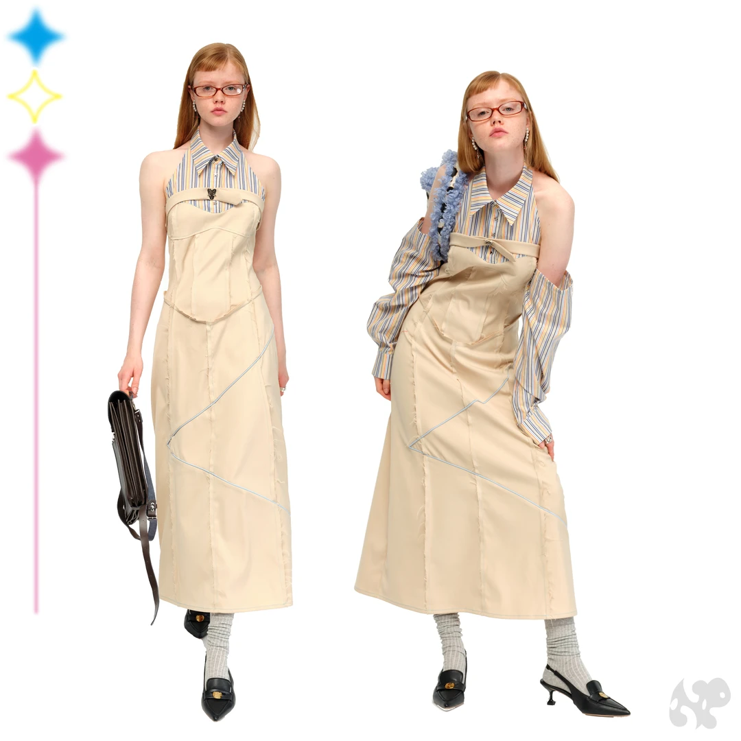 Next Passport星星扣挂脖彩虹条纹拼接连衣裙