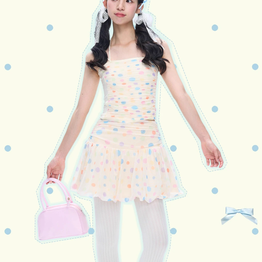 MOF礼物商店 米色波点复古打褶皱吊带女夏季原创设计修身辣妹上衣