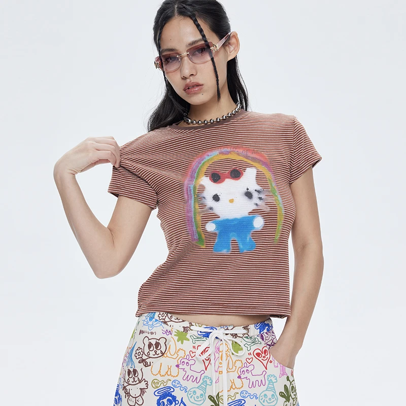 iscreamcolour MOF 彩虹kitty棕色条纹短袖T恤