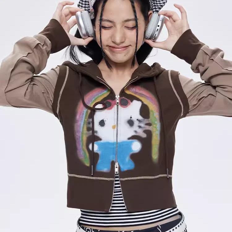 iscreamcolour MOF 彩虹kitty印花棕色连帽卫衣开衫