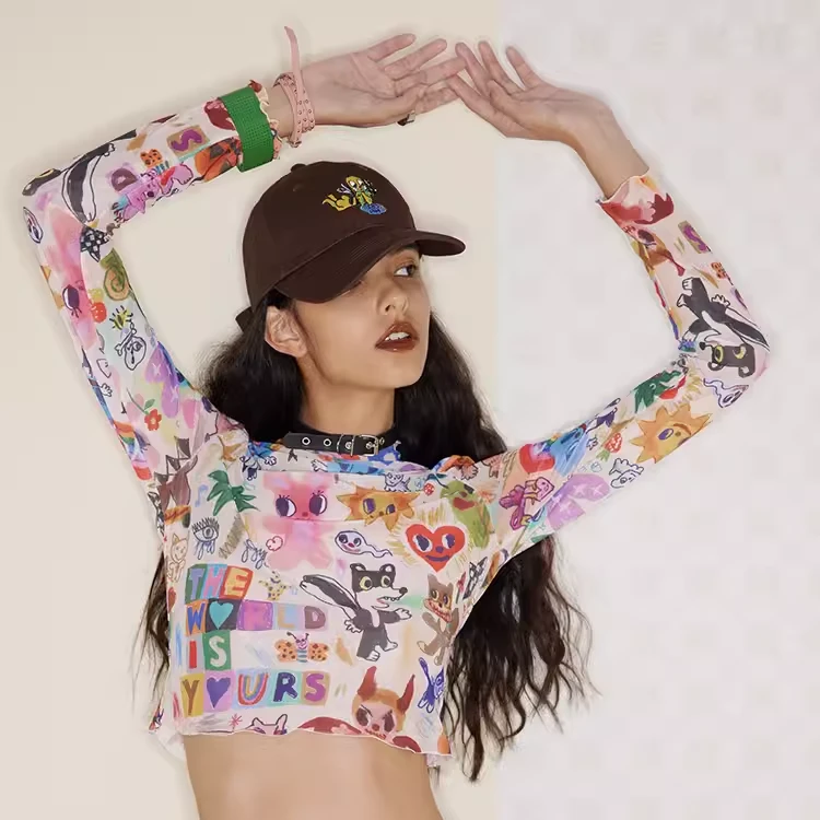 iscreamcolour MOF辣妹打底衫涂鸦长袖T恤网纱上衣