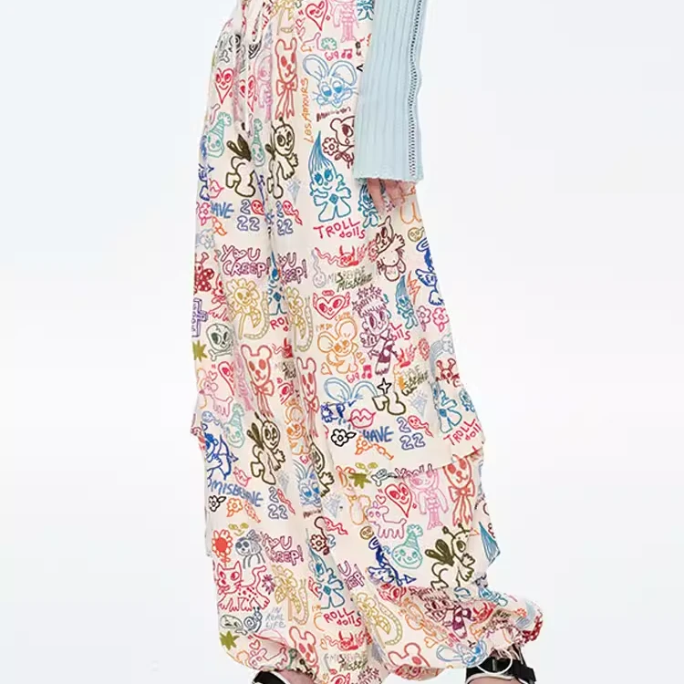 【真瑕疵】iscreamcolourMOF彩色印花大口袋米色直筒休闲阔腿裤