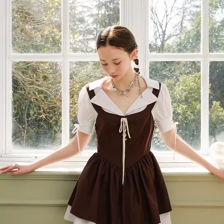 MOF礼物商店 新品夏季德加芭蕾女孩拼接收腰假两件连衣裙