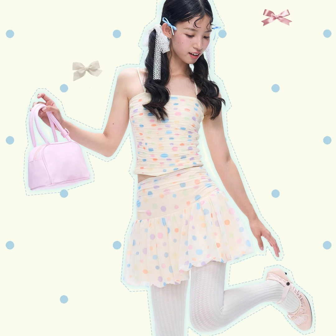 MOF礼物商店 米色波点复古打褶皱南瓜裙