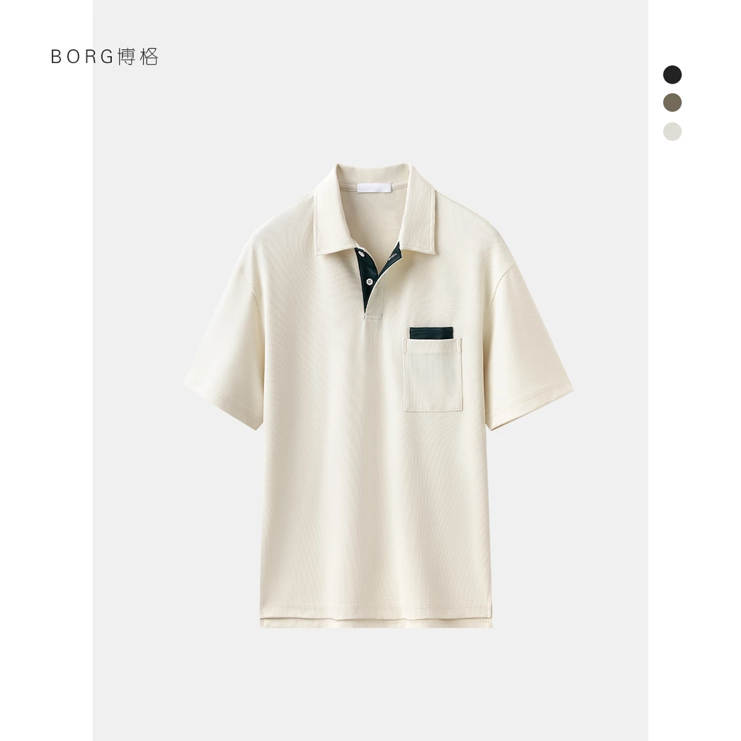 夏季韩版高级小众POLO衫透气翻领精致T恤宽松肌理感休闲拼皮短袖