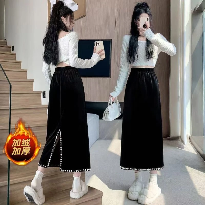 黑色金丝绒半身裙女加绒秋冬中长款高腰后开叉钉珠遮胯包臀直筒裙