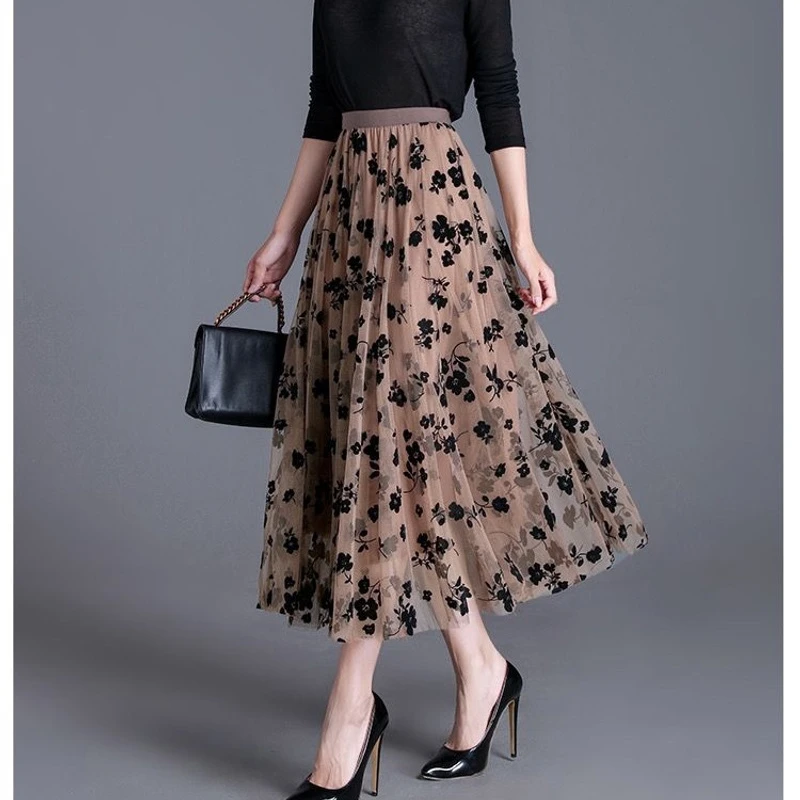 【两层纱+里衬】碎花植绒网纱半身裙女2024印花中长裙显瘦半身裙