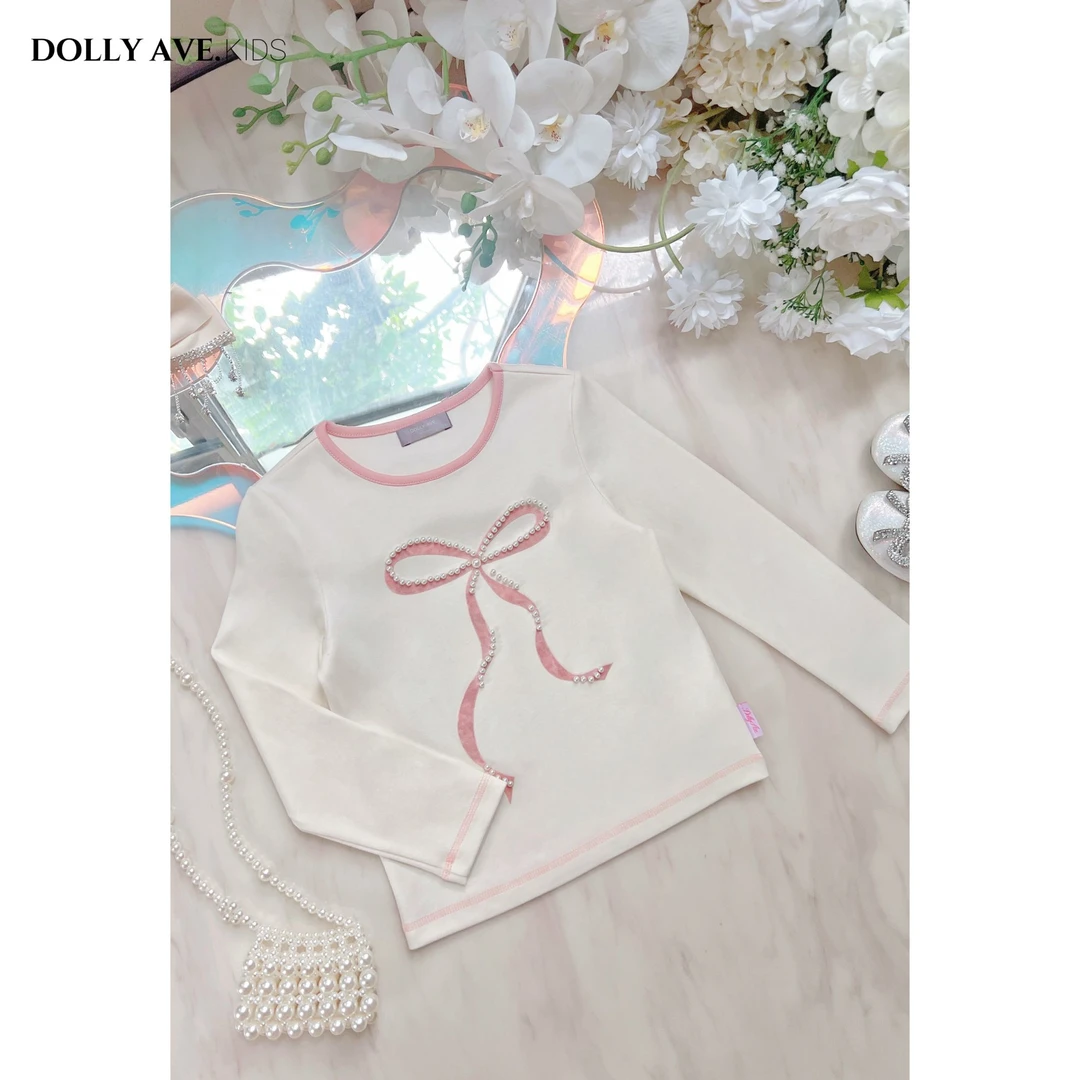 Dolly Ave 慕丝 甜美粉白钉珠丝绒蝴蝶结纯棉百搭高弹上衣