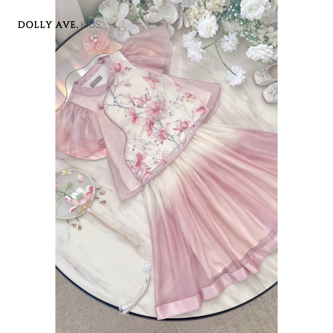 【现货】Dolly Ave 花雾 新中式国风汉元素女童渐变粉色珠绣套装