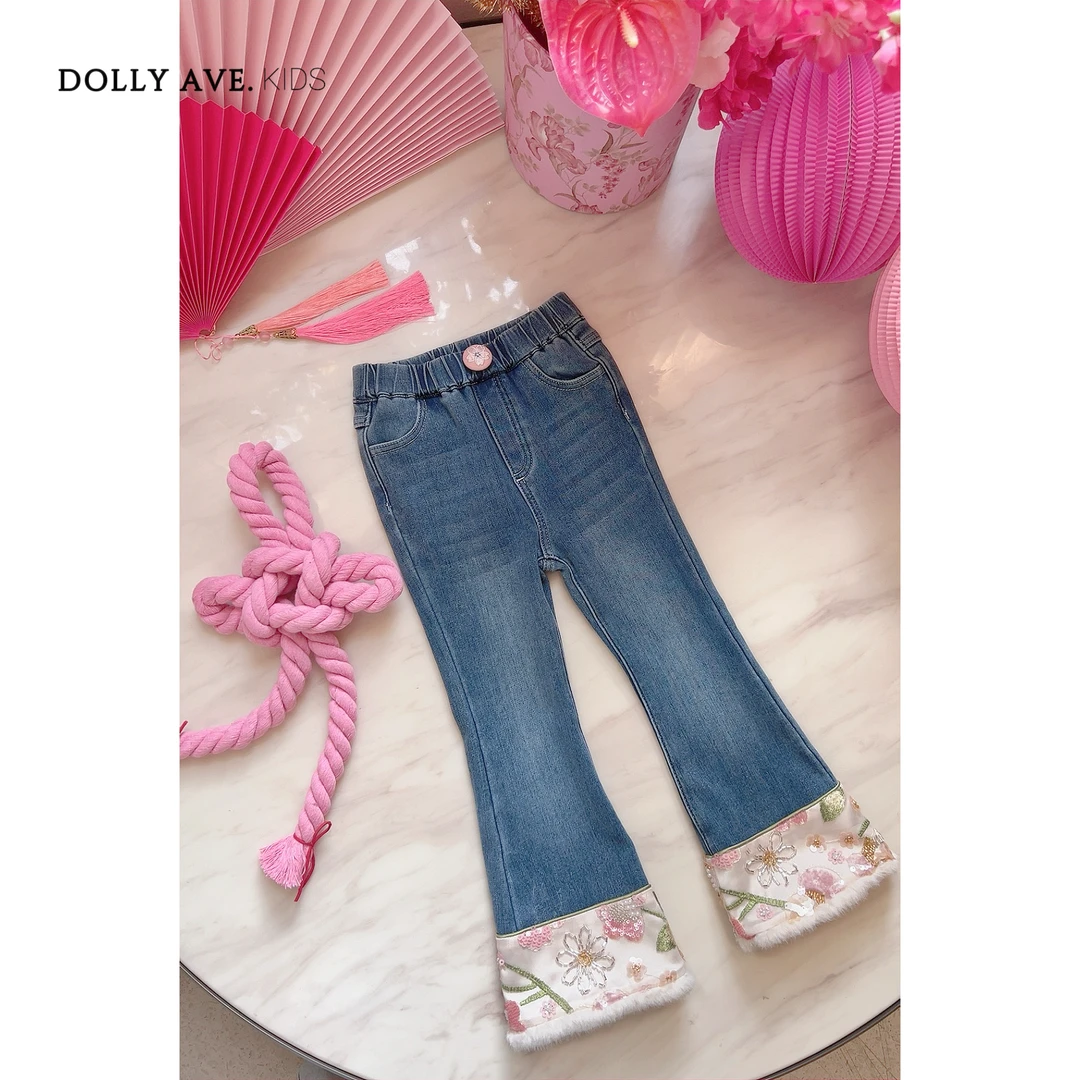 【现货】Dolly Ave 国风牛仔 新中式珠片绣水洗微喇一体绒牛仔裤