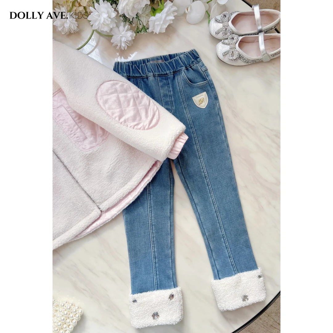 【狂欢季】Dolly Ave 暖暖 一体绒手工钉钻女童冬季保暖加绒牛仔裤