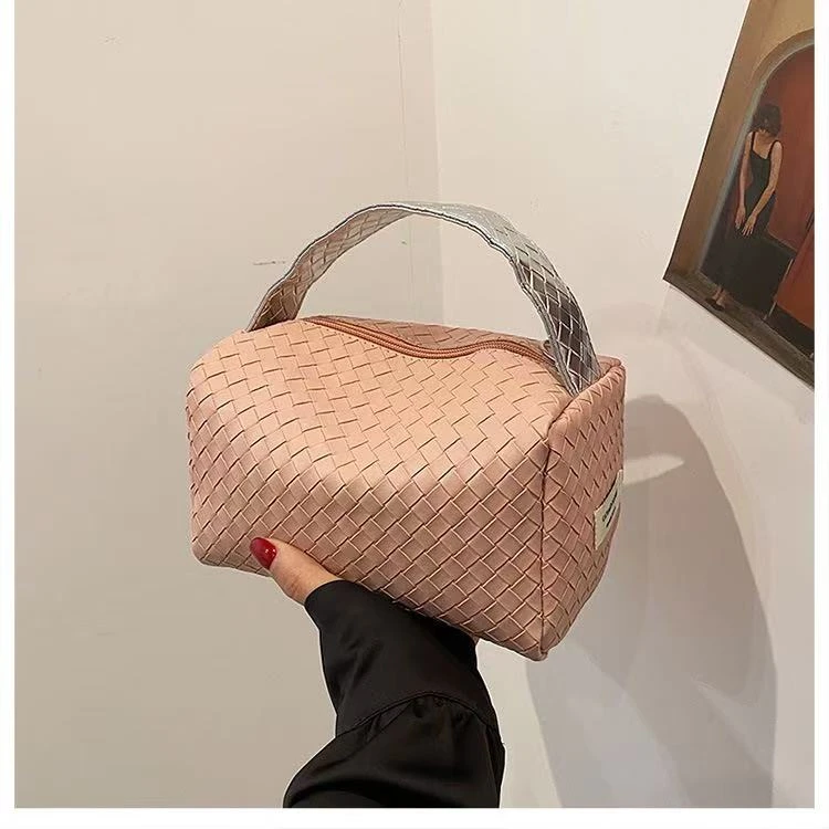 银粉拼色编织包2024新款手提小方包便携化妆包时尚清新格纹收纳包