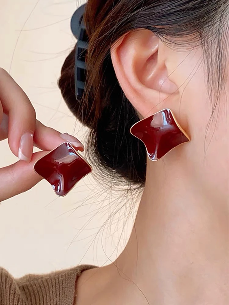 铜合金珐琅耳饰 小瓦片方形红色耳钉