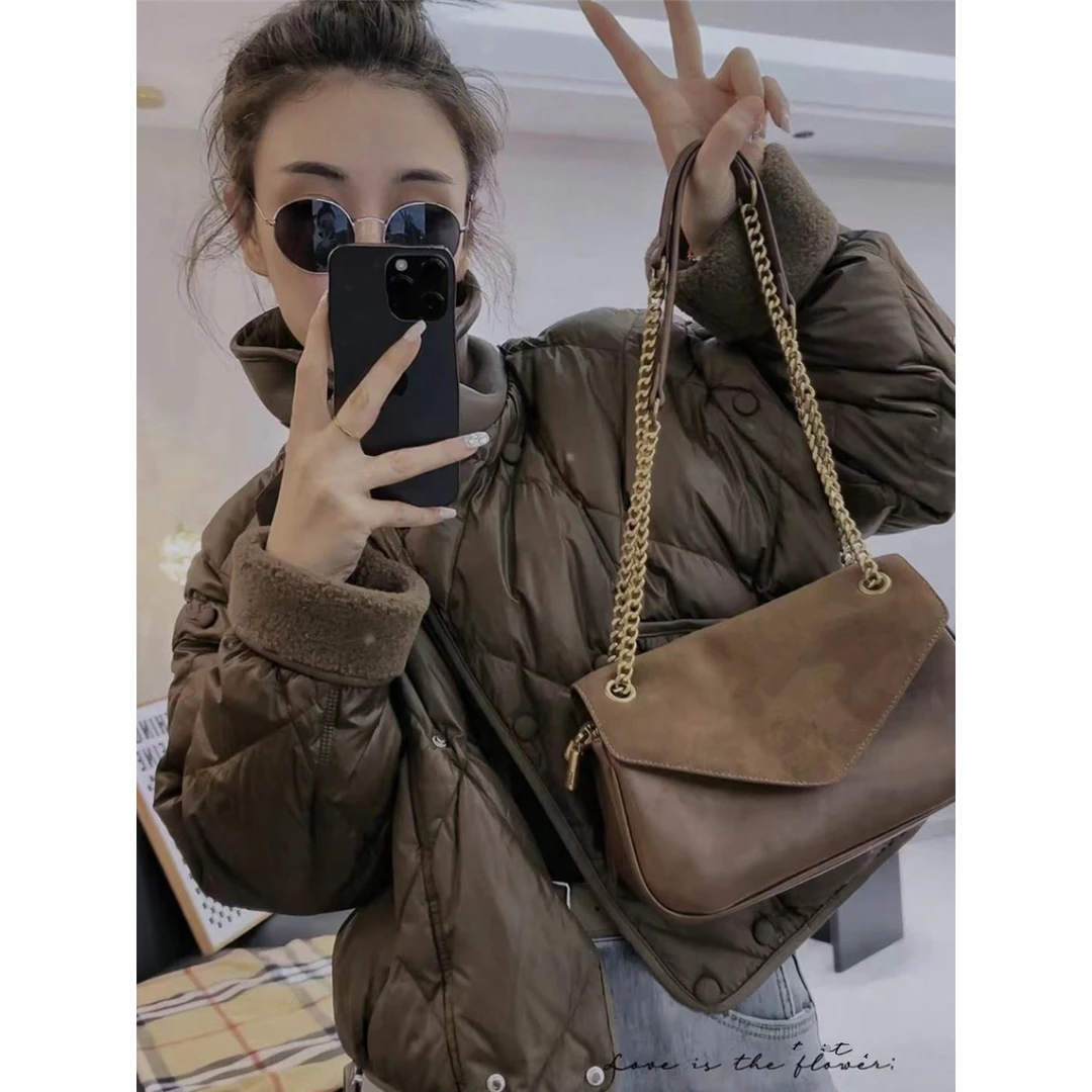 欧货羊羔毛领羽绒棉服冬季新款菱形格宽松短款夹棉外套女休闲上衣