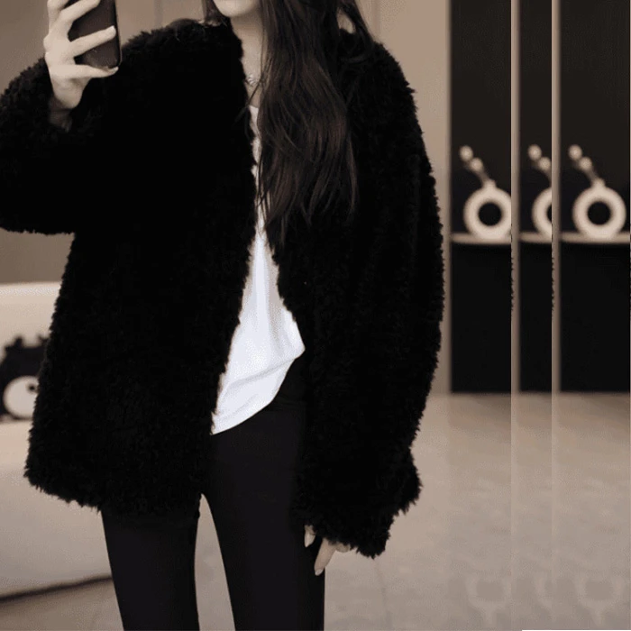 T新款韩版冬季简约V领时尚休闲女士宽松显瘦羊羔毛外套2577