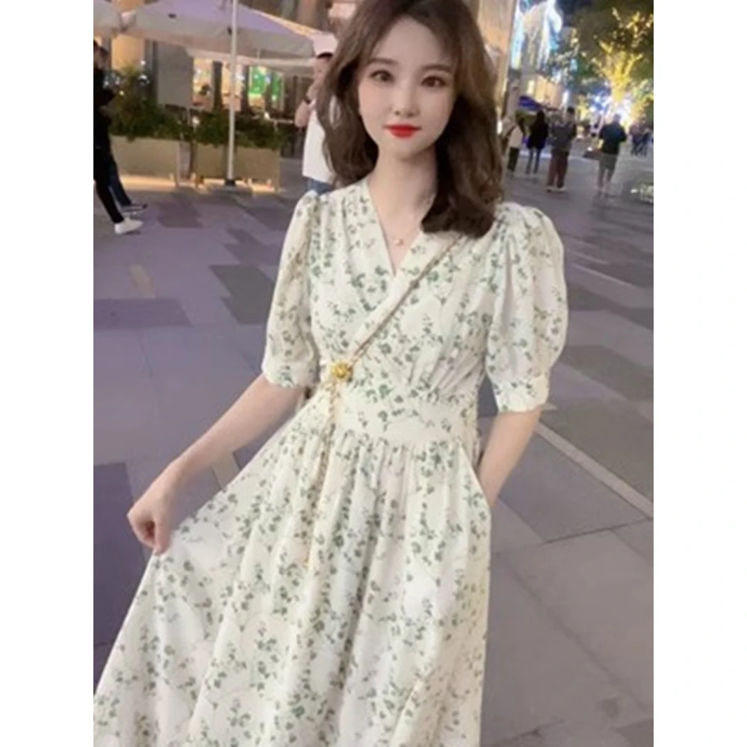 气质V领碎花一片式系带连衣裙女夏季收腰印花雪纺长裙子1715
