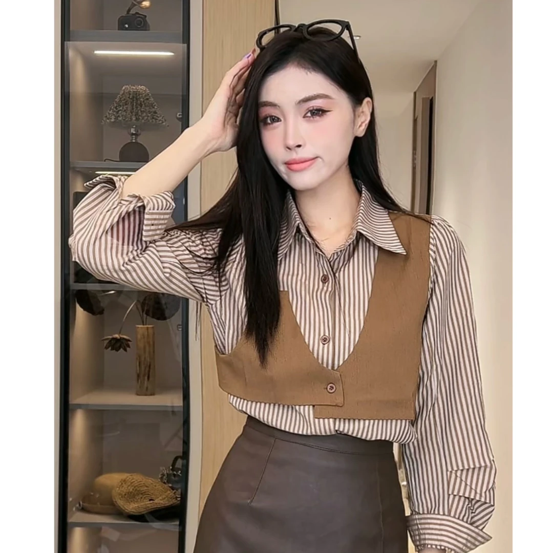 马甲条纹衬衣女秋季新款设计感小众长袖翻领假两件衬衫上衣女1183