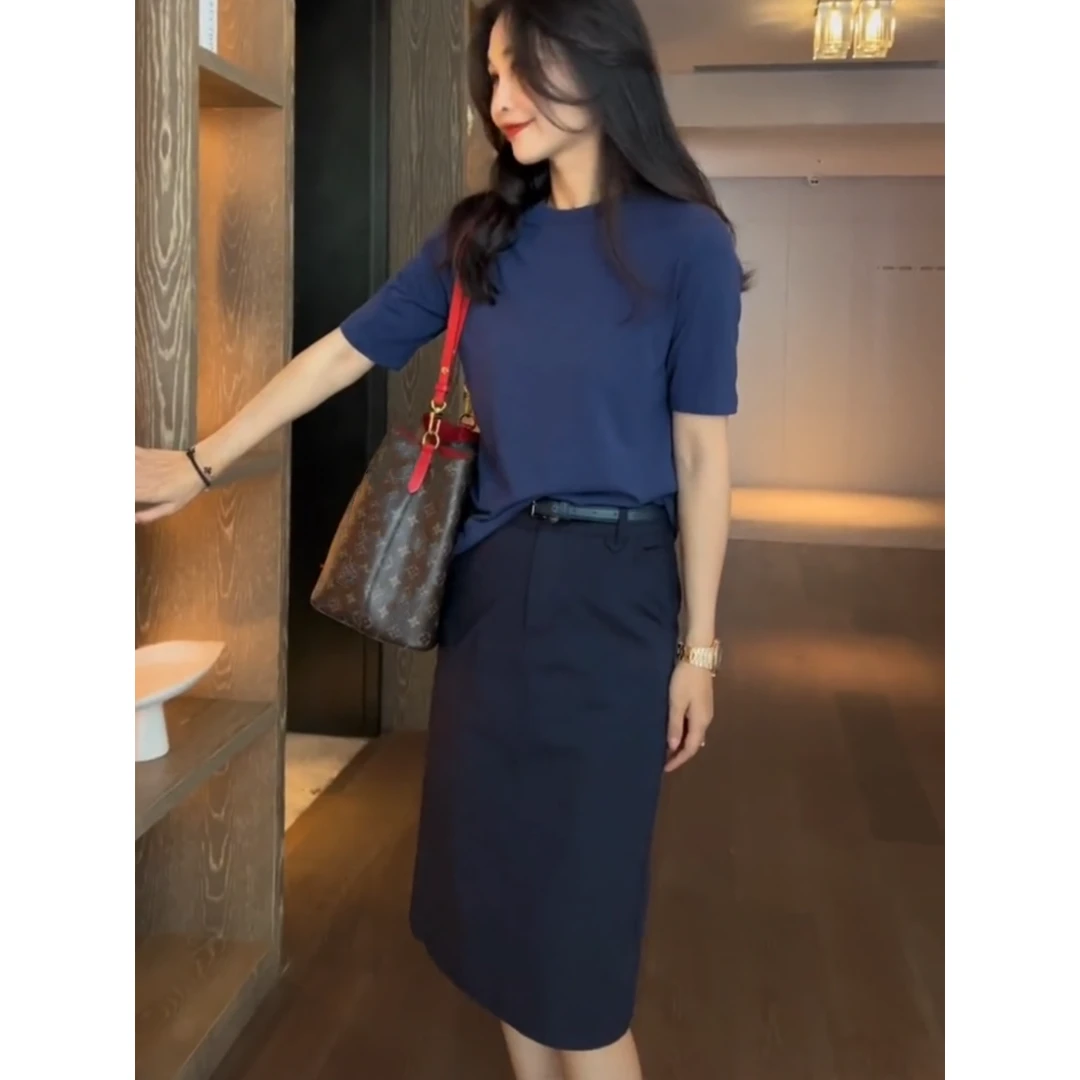 早秋新款韩版时尚休闲百搭高腰显瘦A字藏蓝色后开叉半身裙女