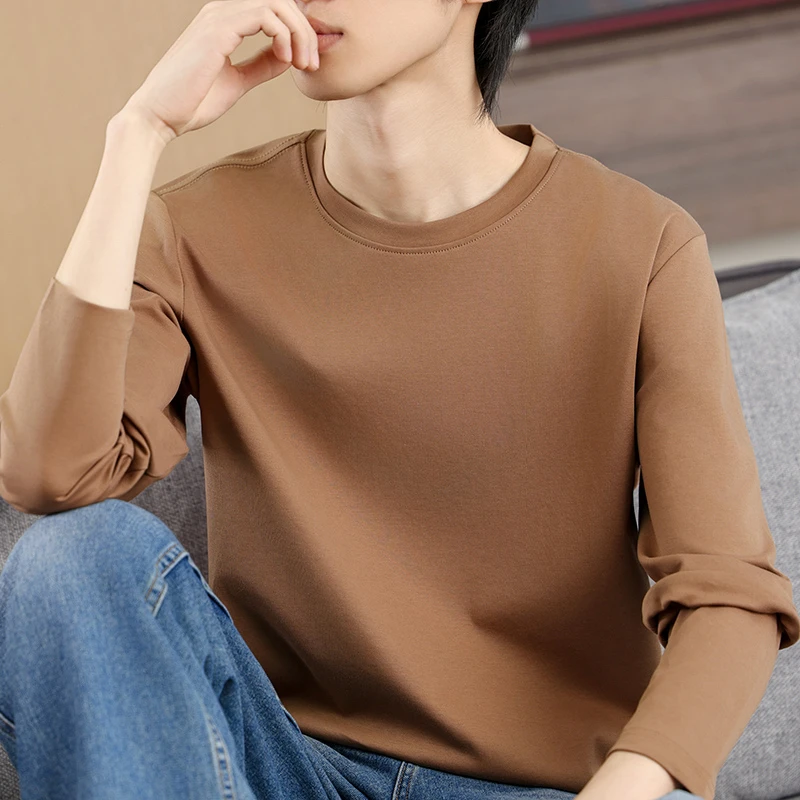 YQ春秋新款男士丝光棉纯棉圆领时尚休闲长袖