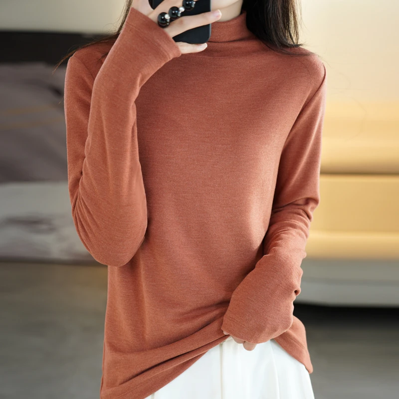 秋冬新款女士双面色绒感桑蚕丝羊毛半高领保暖打底衫