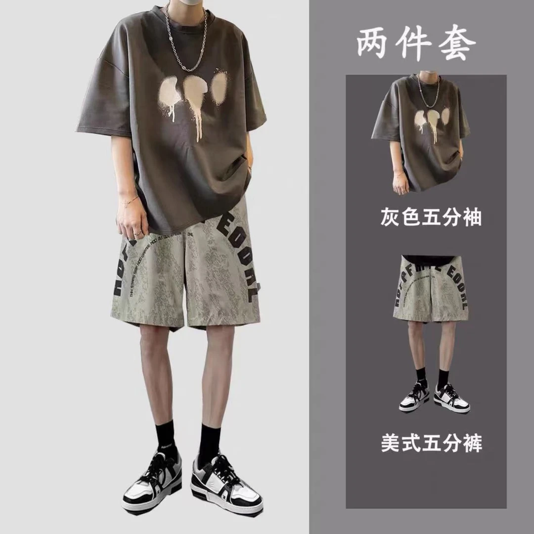 男士夏季短袖套装潮流复古T袖一套搭配牛仔短裤宽松ins炸街两件套
