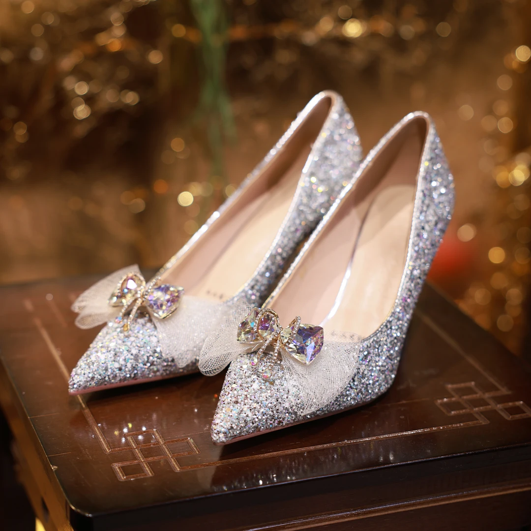 SSURMOON苏蔓结婚订婚时尚银色高跟鞋