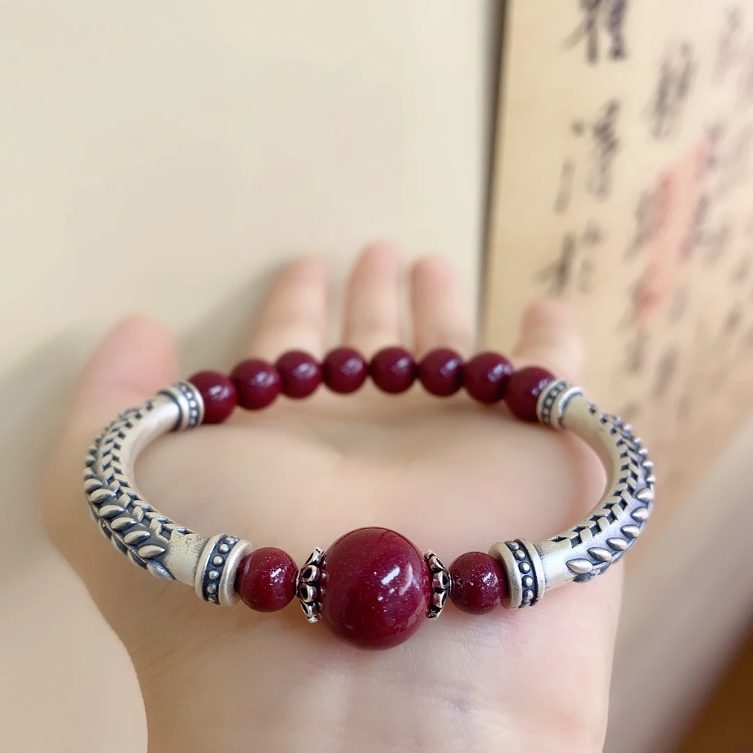 含辰砂工艺品Z1足银 朱砂手串紫金砂麦穗纯银弯管时尚贵气手镯