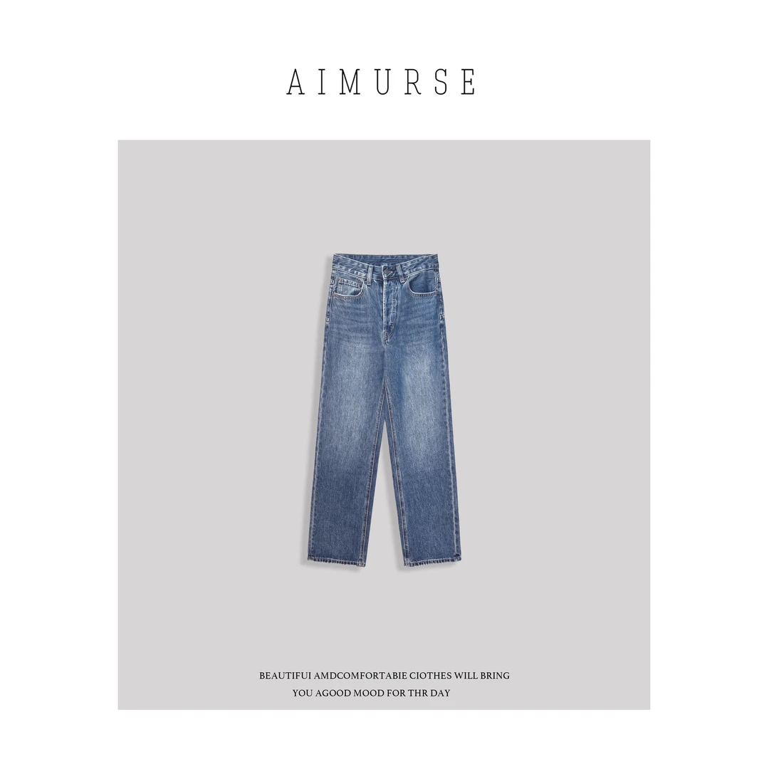 AIMURSE 小众设计师 女士高腰百搭简约时尚直筒牛仔裤 AM966