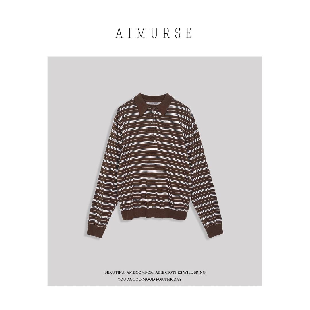 JinJin【闲暇时光】小众设计师 女士休闲简约POLO领条纹毛衣 AM9802