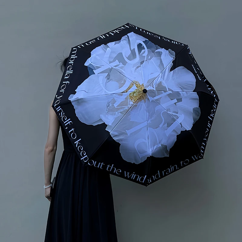 酷黑系法式英文白芍药高颜值雨伞女晴雨两用高级感太阳伞防紫外线