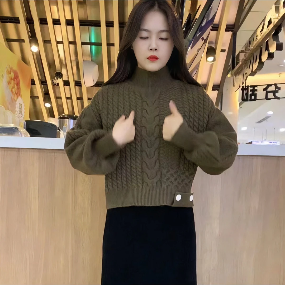 圆领麻花针织毛衣女2024秋冬新款宽松洋气纯色加厚针织衫打底上衣