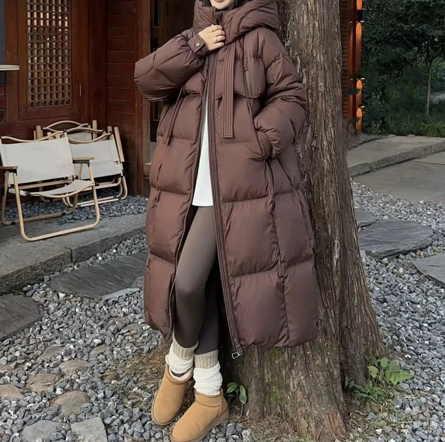 2024冬季加厚羽绒服长款过膝韩版宽松气质时尚连帽极寒羽绒外套