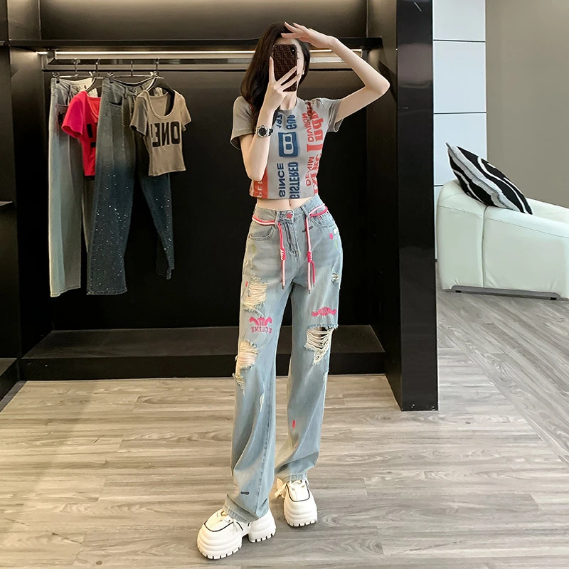 时尚休闲套装2024夏新款欧货短款t恤个性破洞牛仔裤财阀千金女装